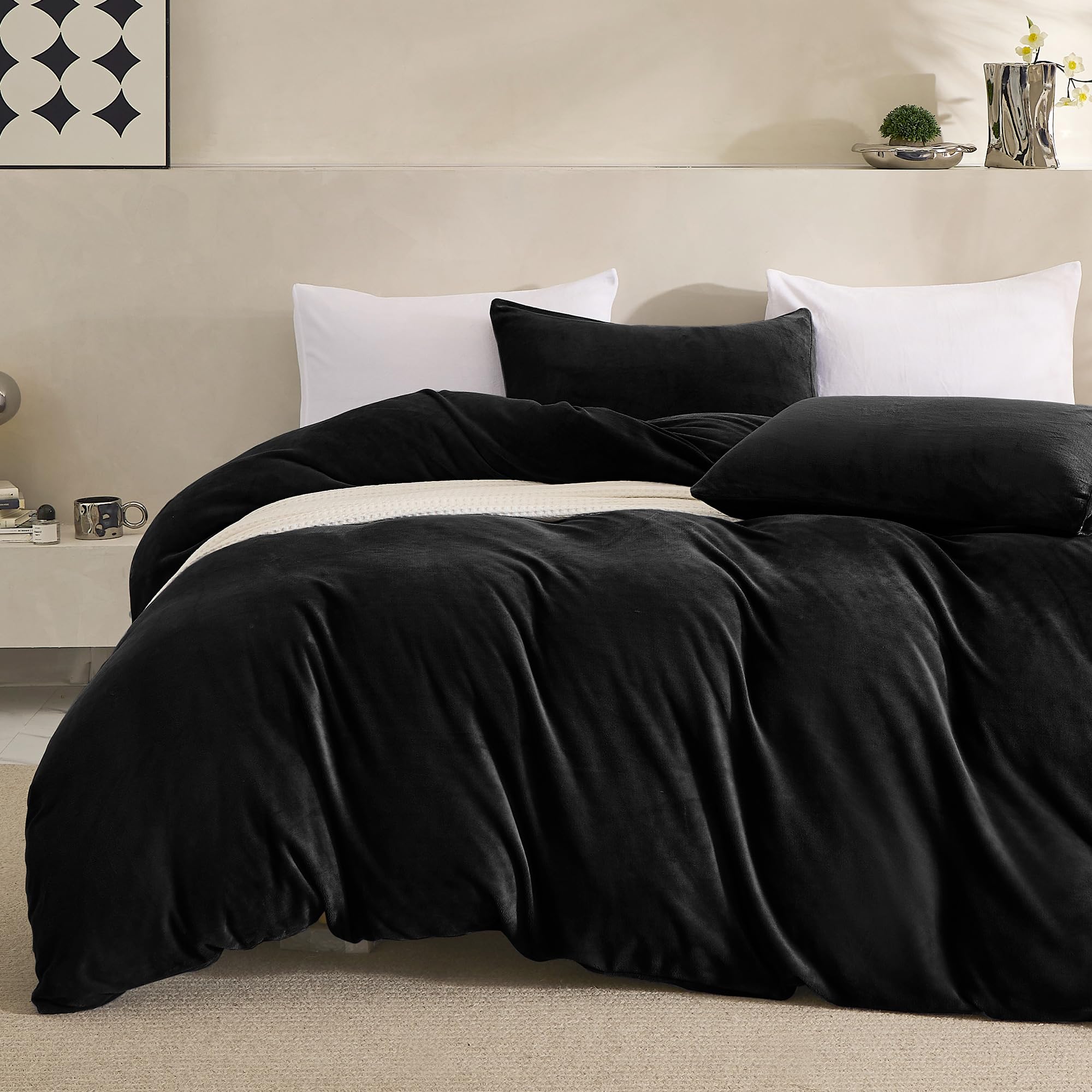 Jellymoni Black Velvet Duvet Cover Queen Size - Ultra Soft Flannel Comforter Cover, 3-Piece Luxury Fluffly Duvet Cover With 8 Co
